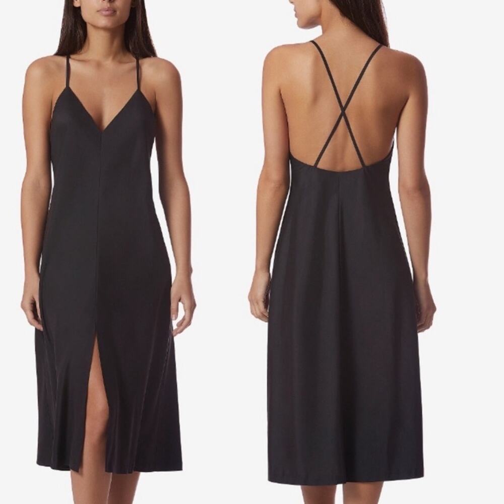 NWT Avec Les Filles Village Black Slit Front Slip Midi Dress XS